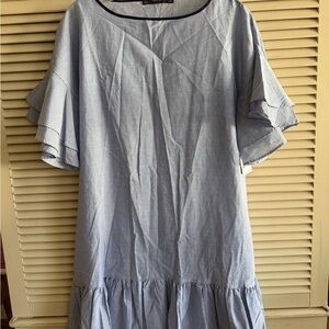 Zara White & Blue Mini Stripe Midi Dress with Ruffle Sleeves